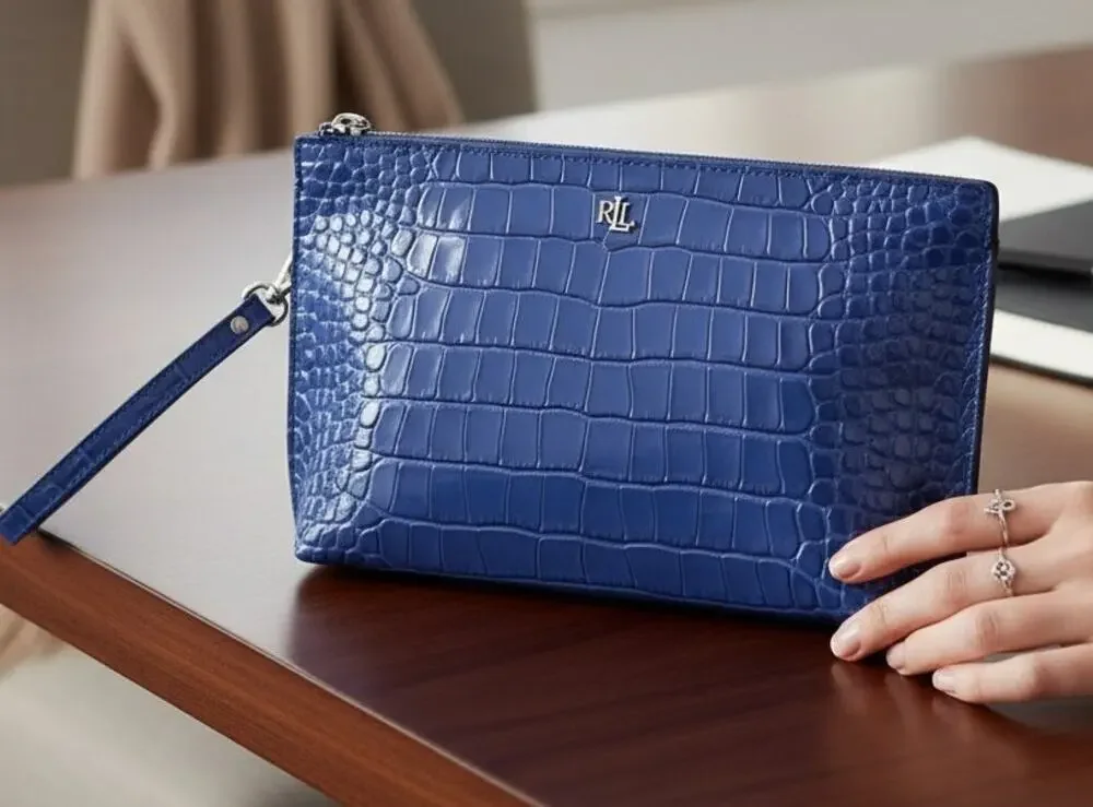 Ralph Lauren Large Blue Croc Embossed Leather Pouch RLL Zip Clutch NWT